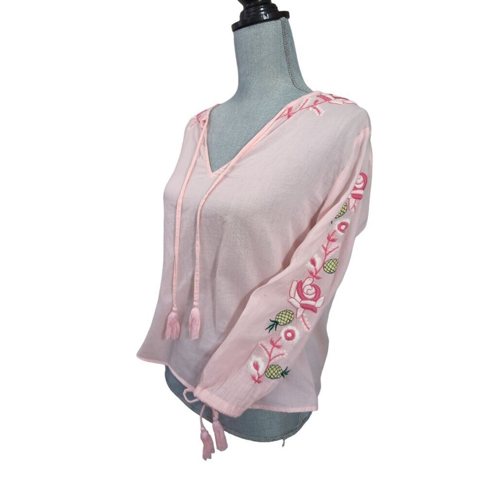 LeTarte Embroidered Top Womens S Pink Lightweight V-Neck Cotton‎ Beach Vacation